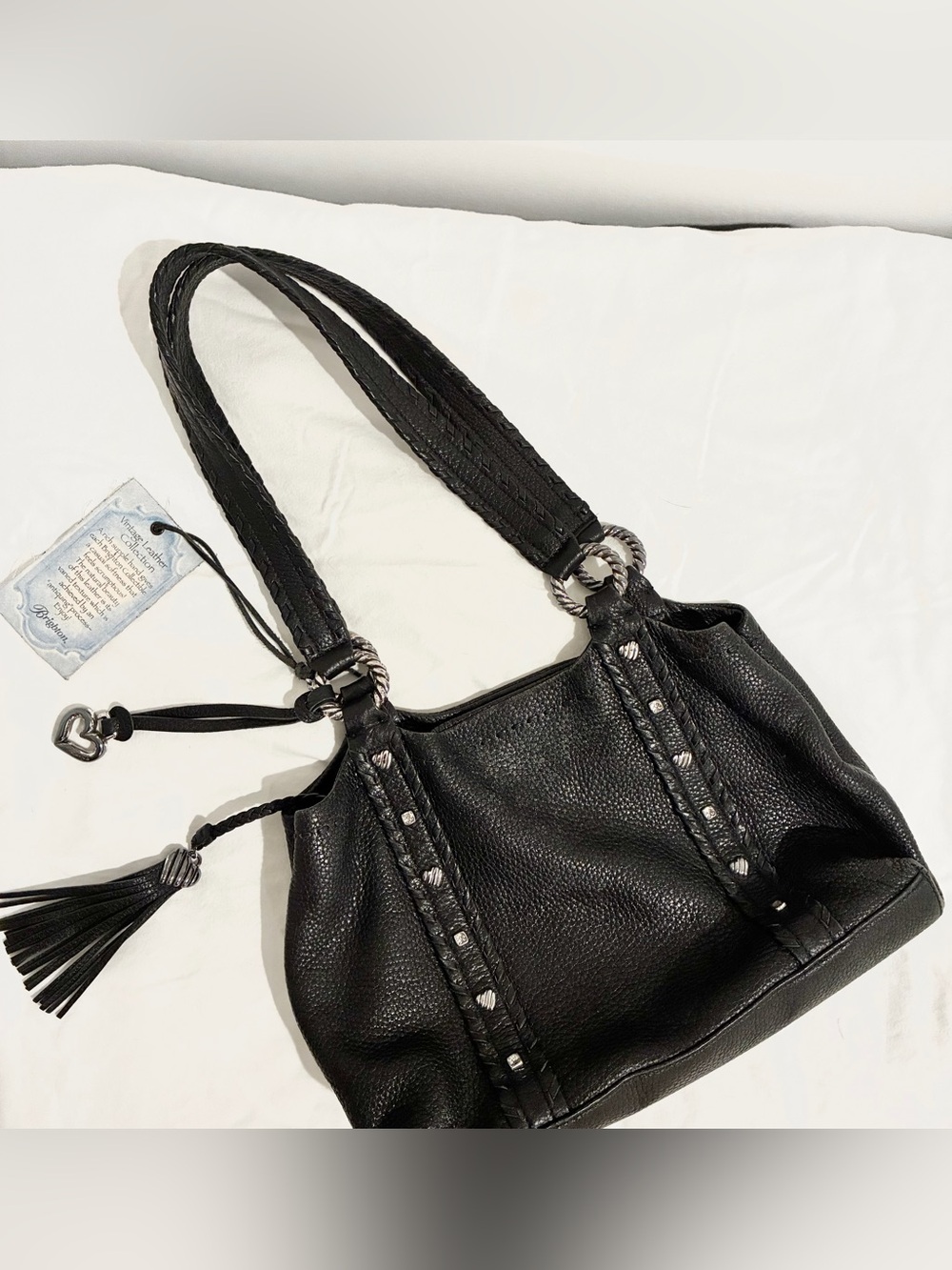 Brighton Vintage Black Pebbled Leather Shoulder Bag Heart Studs Tassel Charm